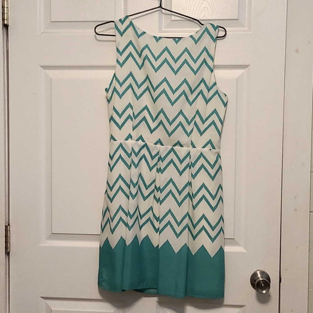 White and teal chevron dress